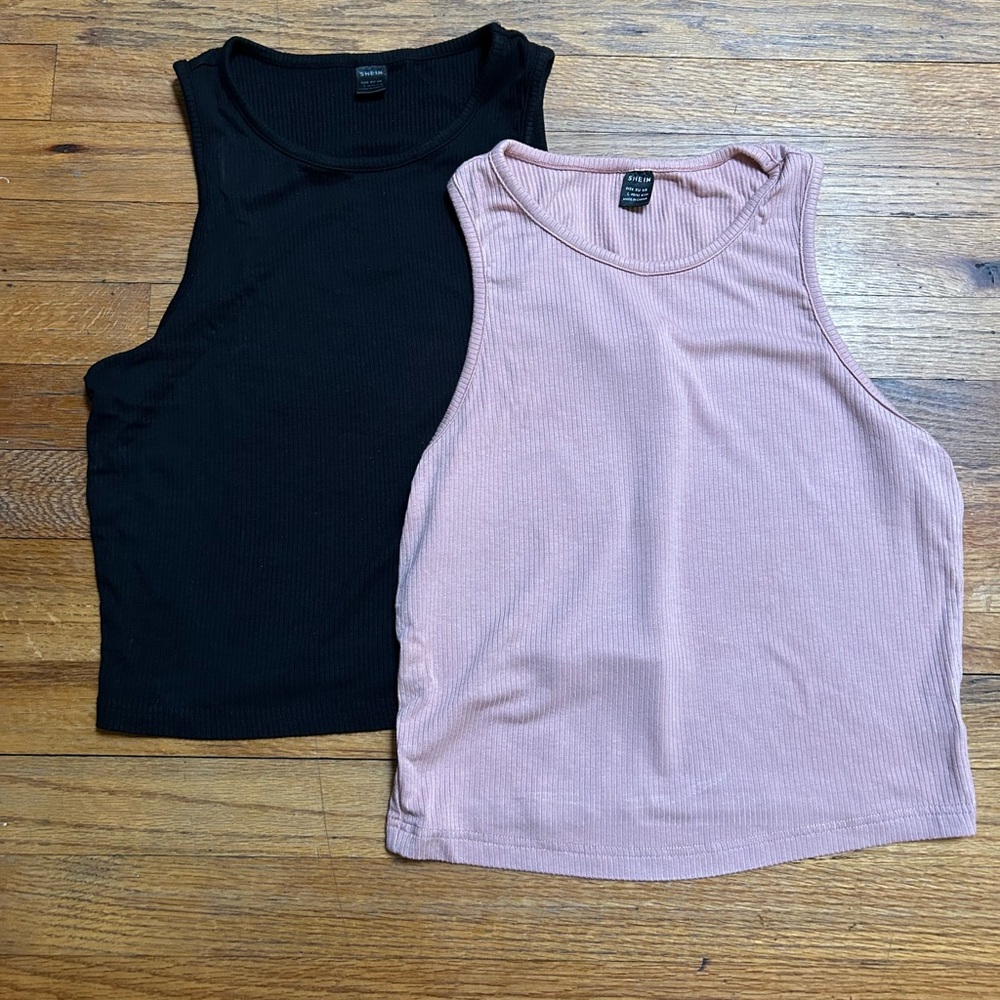 SHEIN Black and Pink Ribbed Tank Tops